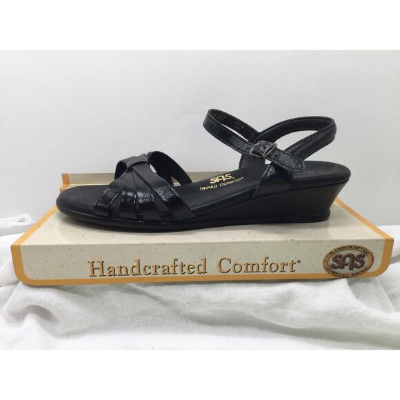 SAS Strippy Black Leather Quarter Strap Wedge Sandal Womens 6N - Picture 1 of 10